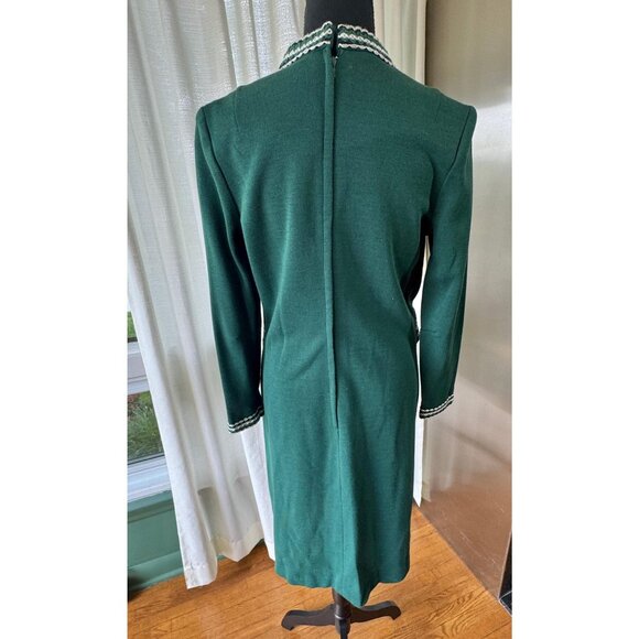 Vintage 60s dress, forest green, mock waistcoat, faux vest bodice, striped trim - Picture 8 of 10